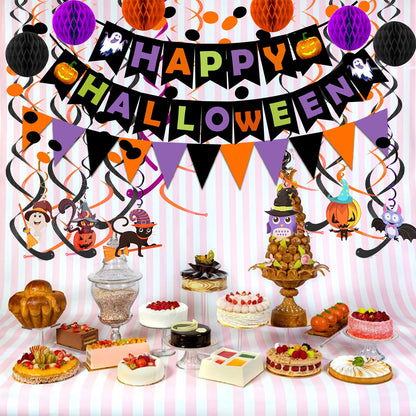 Happy Halloween Banner Paper Triangle Flag Bunting Circle Confetti Dots Hanging Garland Honeycomb Ball Swirl Streamers for Halloween Party Decorations