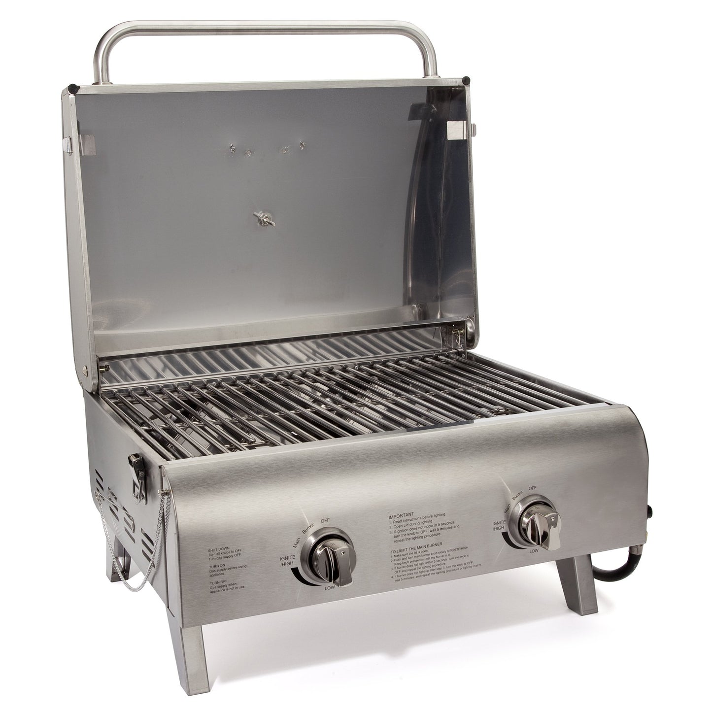 Cuisinart Chef's Style Tabletop Portable Propane Gas Grill with Dual Burners (20,000 BTUs Total), Twist-Start Ignition Stainless Steel BBQ Grill for Camping, Tailgates, BBQ, Hassle-Free Setup