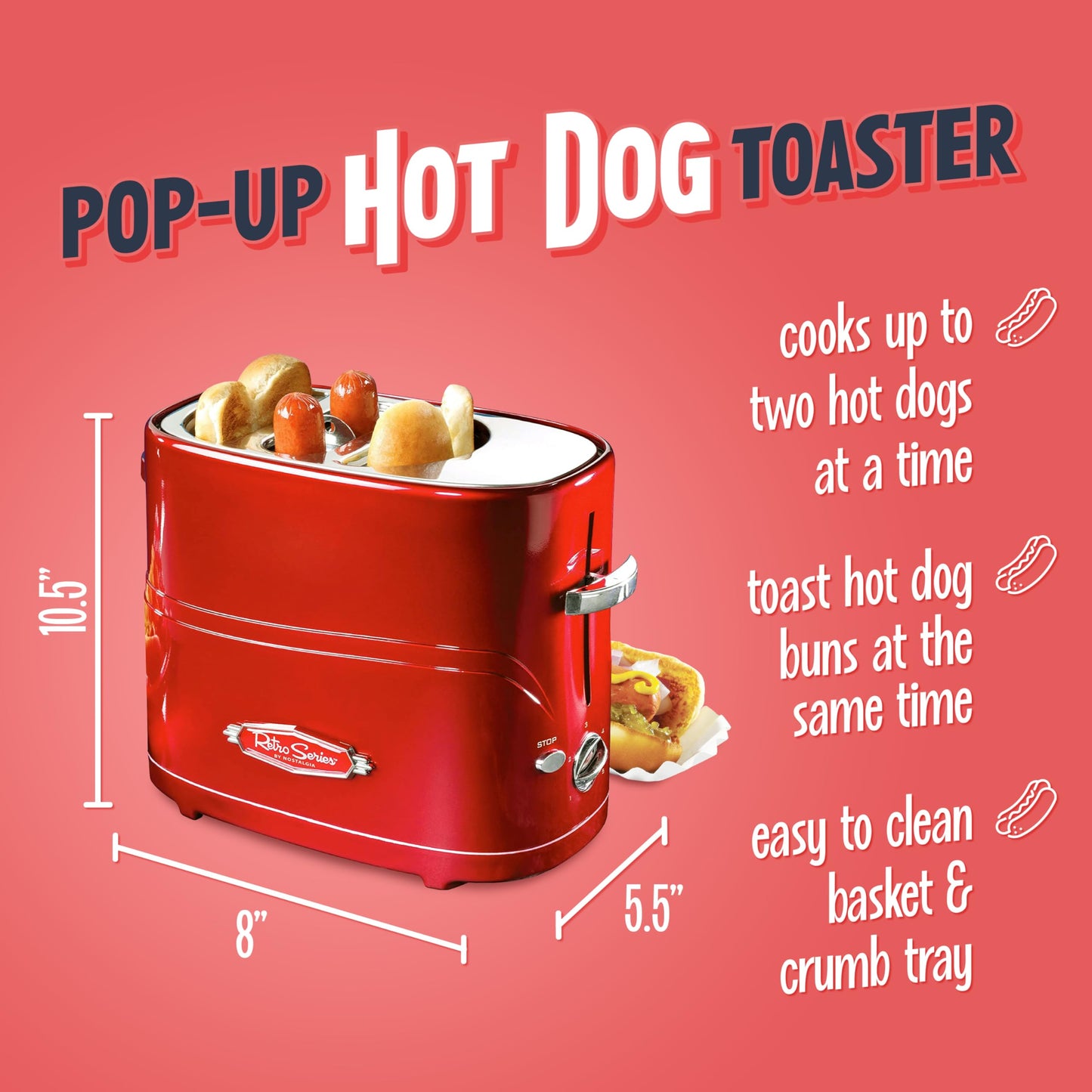 Nostalgia 2 Slot Hot Dog and Bun Toaster with Mini Tongs, Retro Toaster, Cooker that Works Chicken, Turkey, Veggie Links, Sausages Brats, Metallic Red