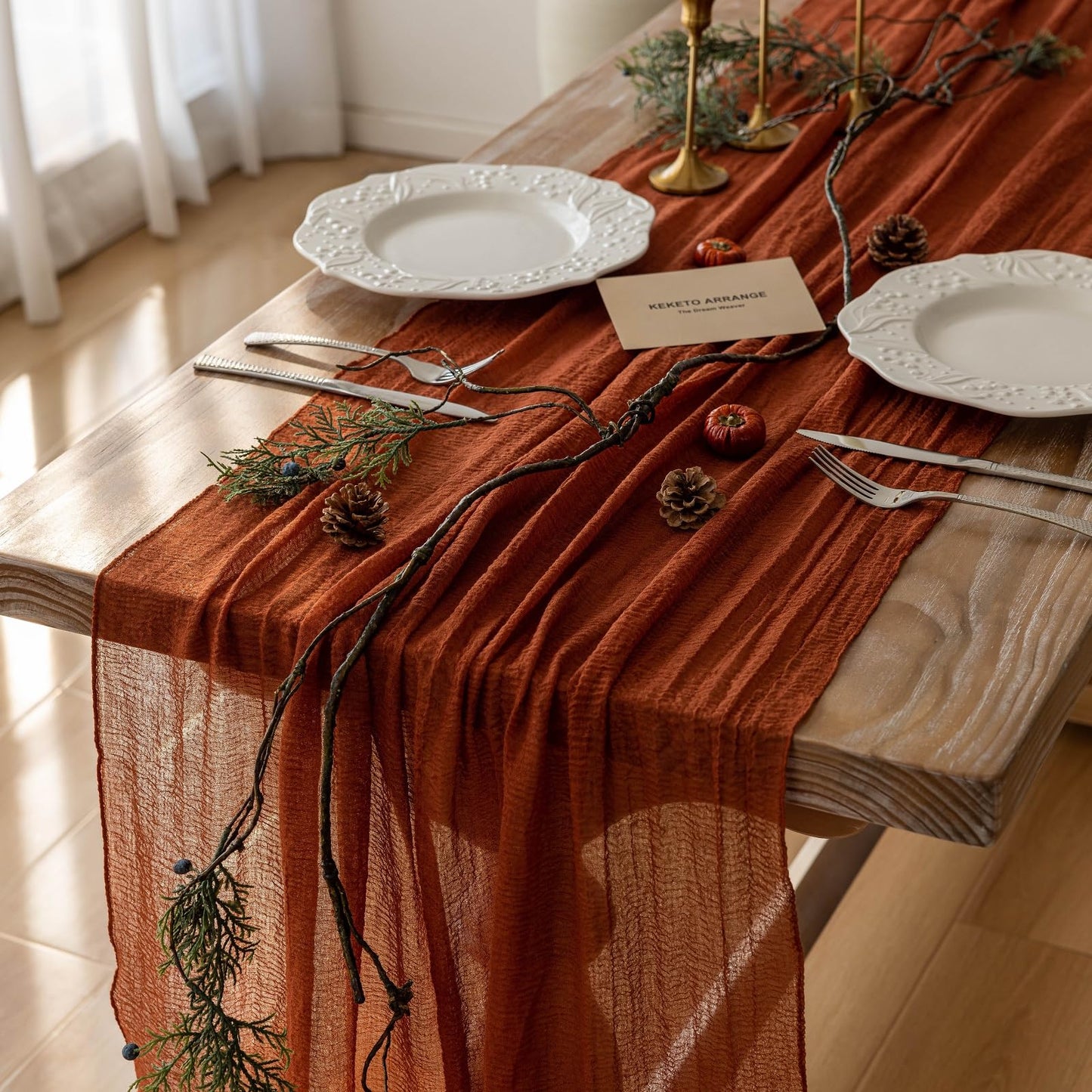 Keketoarrange Thanksgiving Fall Table Runner Terracotta Gauze 120 Inch 10 FT Rustic Burnt Orange Sheer Cheese Cloth for Bridal Shower Friendsgiving Party Centerpiece Decor Fall Decorations for Home