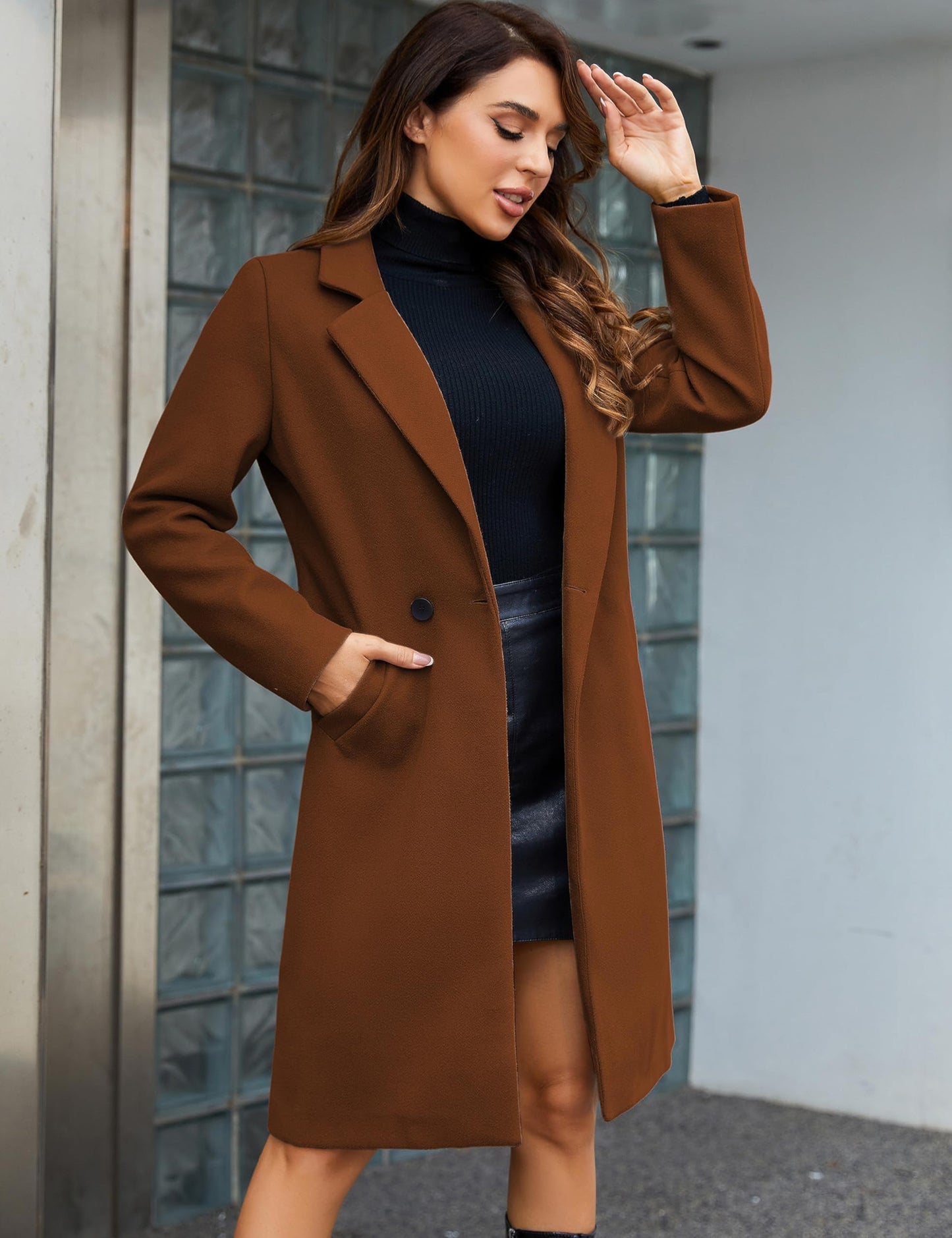 Tanming Women's Notch Lapel Double Breasted Wool Blend Mid Long Pea Trench Coat (Caramel-L)