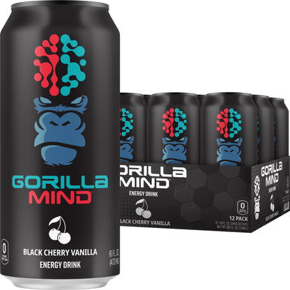 Gorilla Mind Energy Drink | Unmatched Energy · Amplified Focus | N-Acetyl-L-Tyrosine, Alpha-GPC, 200mg Caffeine, Uridine, Saffron | 0 Sugar Or Artificial Colors | 16oz, 12-Pack (Black Cherry Vanilla)