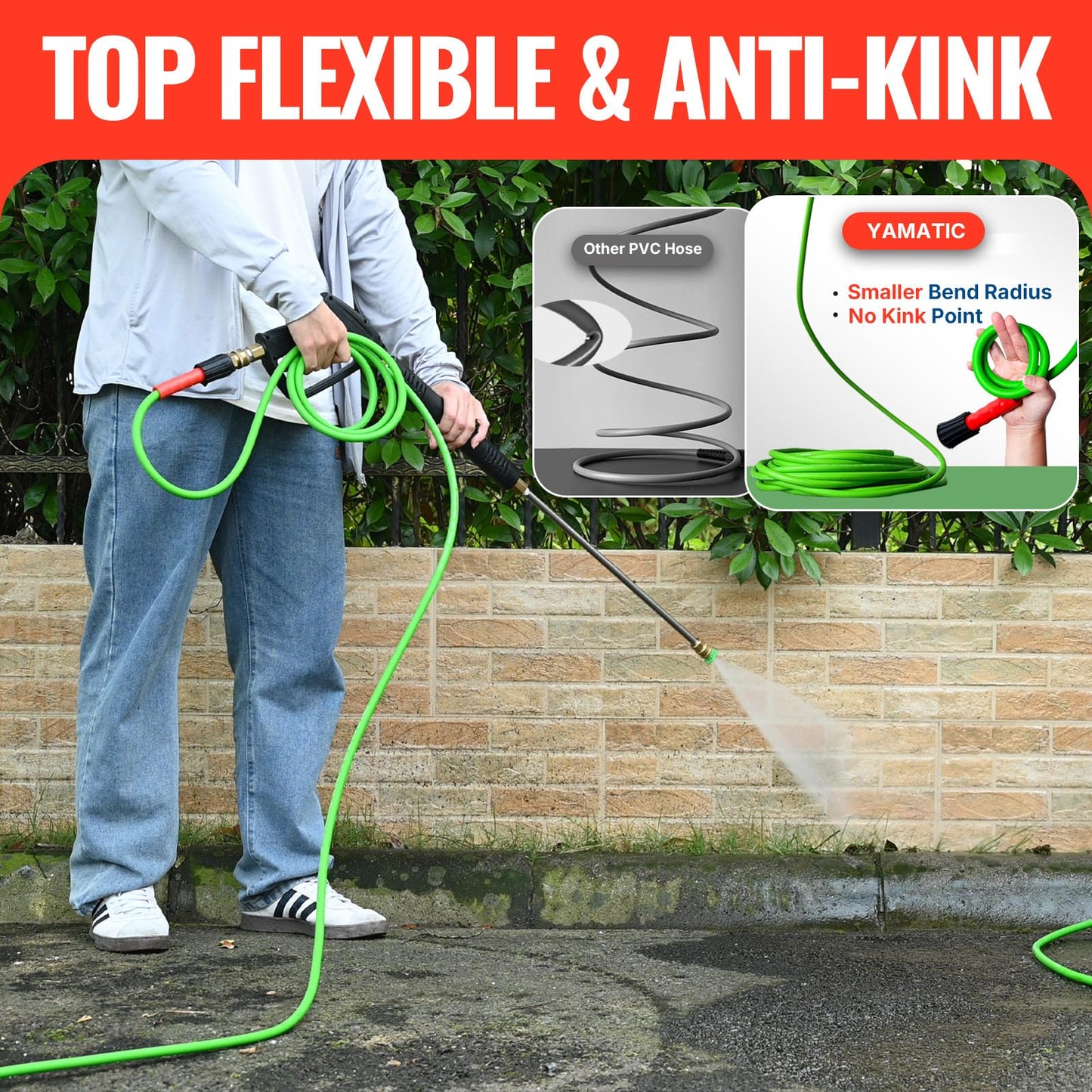 YAMATIC Pressure Washer Gun and Hose, 50 FT Flexible Hose with Stainless Steel Extension Power Washer Wand, 3/8" Swivel Quick Connect & M22-14mm Adapter Replacement for Ryobi Simpson Honda (Green)