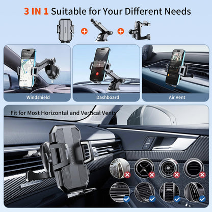 SUUSON Upgraded 3-in-1 Car Phone Holder Mount [Powerful Suction] Phone Mount for Car Dashboard Air Vent Windshield,for All iPhone Android Phone (Black)