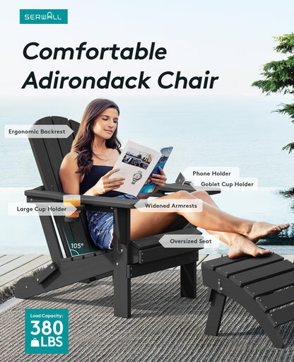 SERWALL HDPE Folding Adirondack Chair with Dual Cup Holder - Composite Adirondack Chair Set of 4- Black