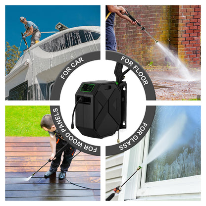 DECOKTOOL Wall Mounted Pressure Washer - 3500 PSI, 2.5 GPM Electric Power Washer with 100FT Retractable Hose, 5-Stage Adjustable Pressure, Foam Cannon and 5 Nozzles for Car, Driveway, Patio Cleaning