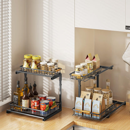 Delamu 2 Pack Under Sink Organizer and Storage, 2 Tier Pull Out Cabinet Organizer, Slide Out Under Sink Storage Shelf, Undersink Organizers Shelves for Kitchen Bathroom Pantry Organization