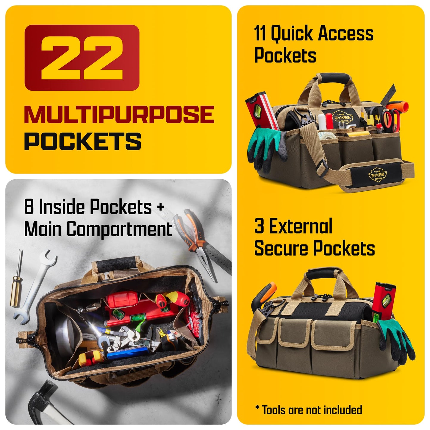 The Ryker Heavy Duty Tool Bags for Men/Women. 14 Inch Small Wide Mouth Mechanic/plumber/Contractor/Electrician Tool Bag Organizer 22Pockets Soft Portable Tools Bags Organizer Toolbag for plumbing