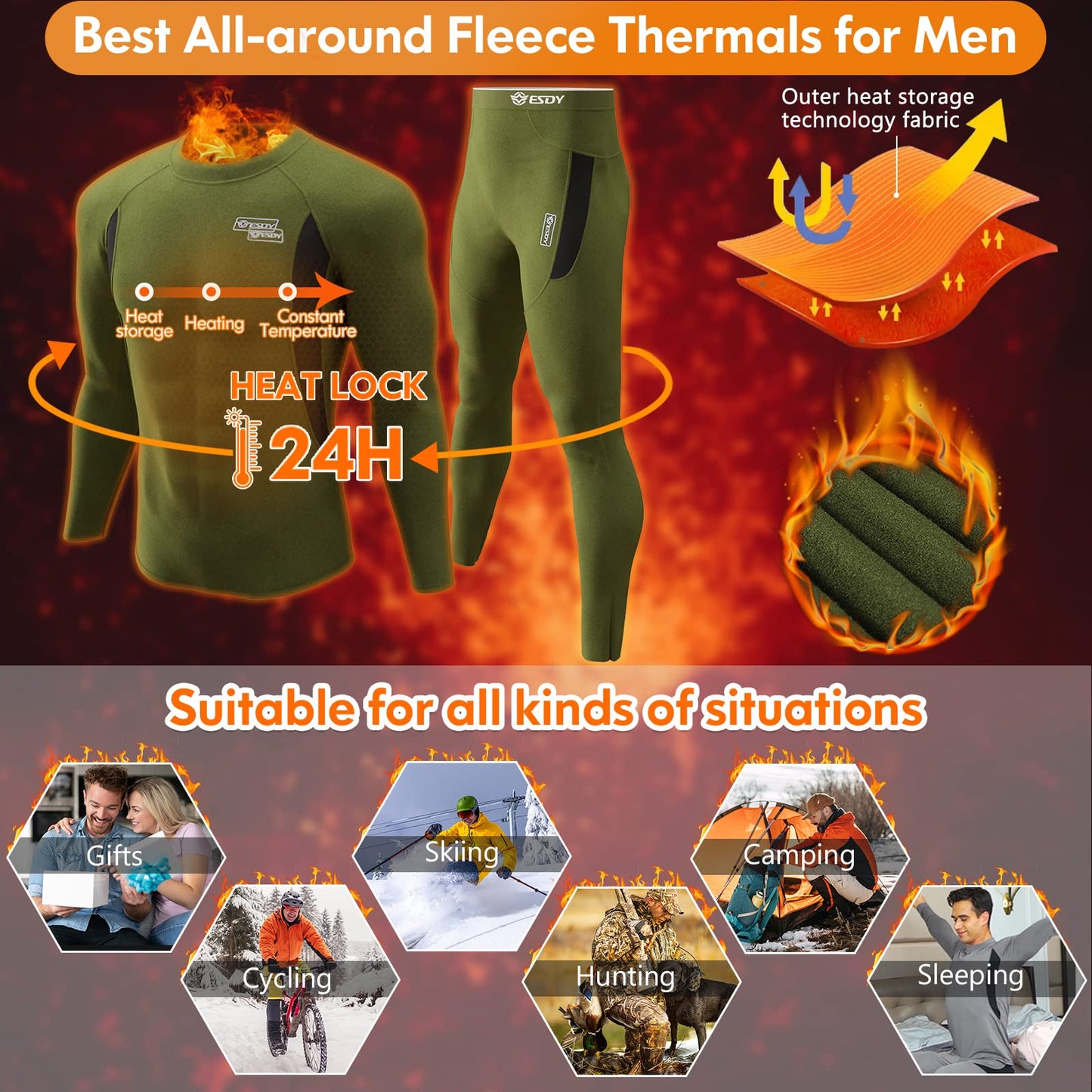 romision Thermal Underwear for Men, Fleece Lined Long Johns Hunting Gear for Men Base Layer Set Cold Weather Clothes