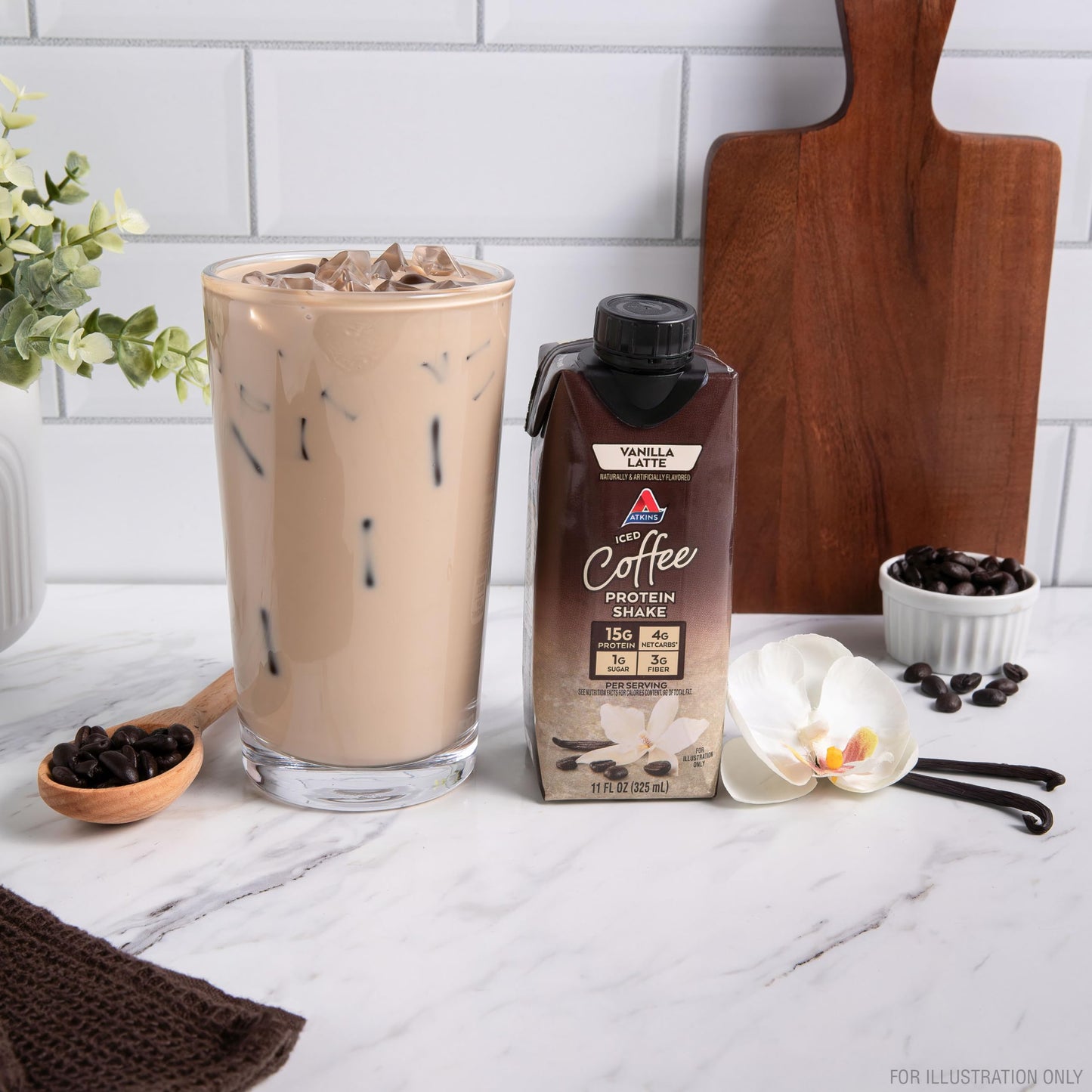 Atkins Iced Coffee Vanilla Latte Protein Shake, 15g Protein, Low Glycemic, 4g Net Carb, 1g Sugar, Keto Friendly, 12 packs of 11 fl Oz
