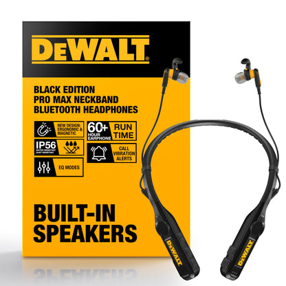 DEWALT Heavy Duty Black Edition 2-in-1 Neckband Bluetooth Headphones w/Built-in Speakers, Jobsite Wearable Speaker & Around Neck, Wireless Headset, 60+ Hrs Hands-Free Music & Calls, Carry Pouch