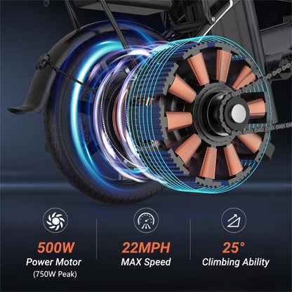 Electric Bike for Adults, 750W Peak Motor, 22 MPH Max Speed Folding Ebike, 499.2/748.8Wh Battery, 14" Electric Bicycles, Max 35/55 Miles Range (Pedal Assist Mode), Mini E Bikes (Y6-499.2WH-22Mph)