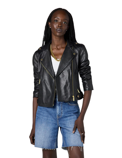 Michael Kors Women's Leather Moto Jacket, Black, S
