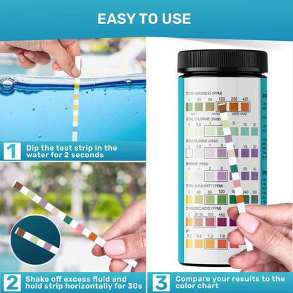 Pool Test Strips 7-in-1, 150 Quick and Accurate Pool and Hot Tub Test Strips - Pool Water Testing Kit for Chlorine, Bromine, pH, Hardness, More - All in 1 Swimming Pool Test Strips by JNW