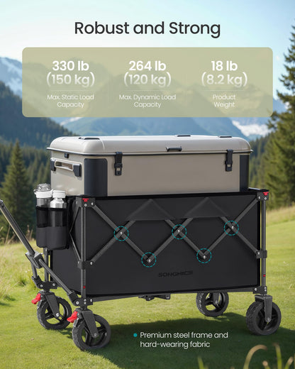 SONGMICS 40-Gallon Collaspible Wagon, Wagons Carts Foldable, for Camping Garden Outdoor, with Handle, Holds up to 330 lb, 4 Removable Wheels, Space-Saving, Ink Black UGFW115B01