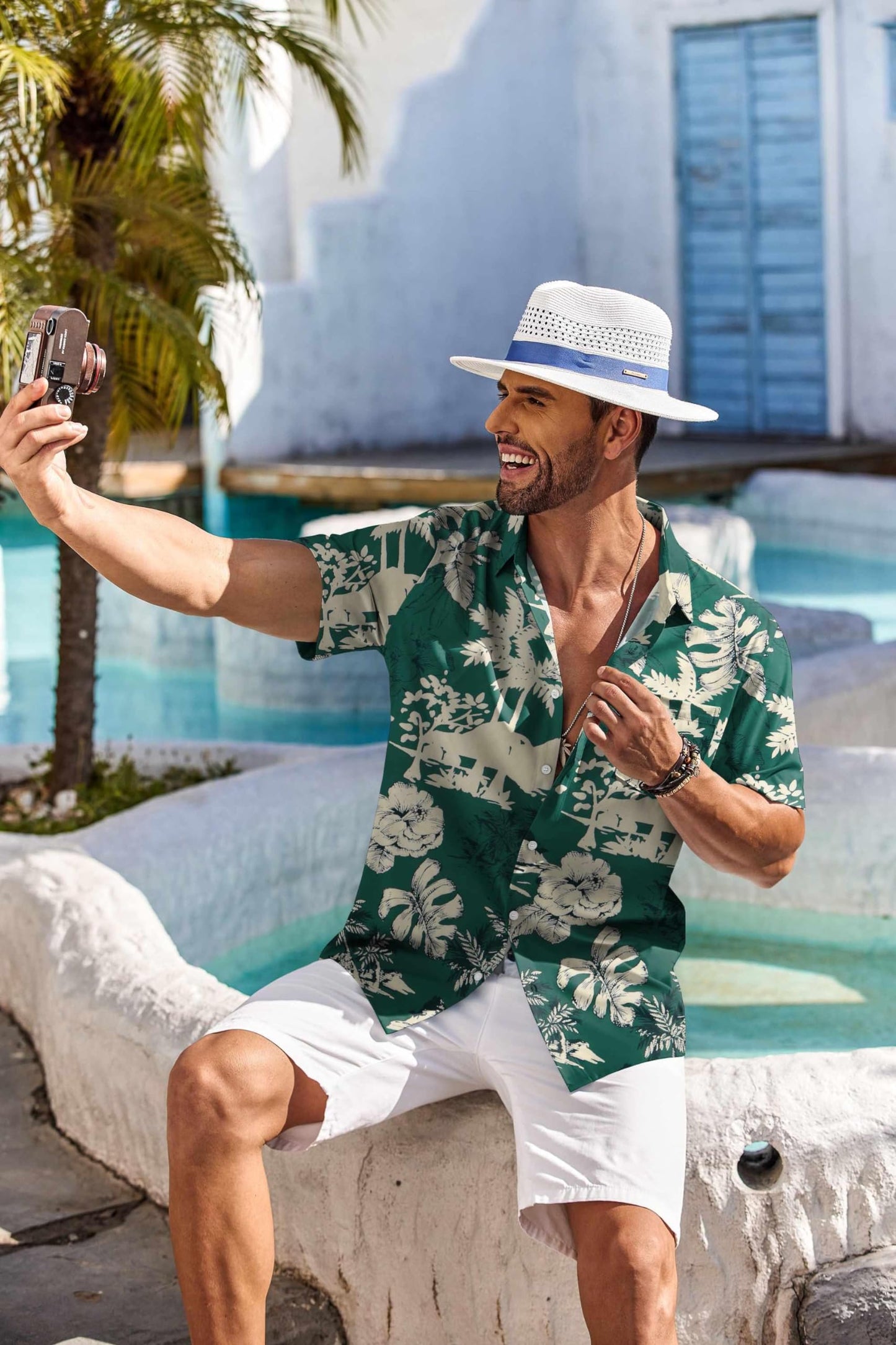 COOFANDY Men's Short Sleeve Hawaiian Shirts for Men Casual Button Down Shrts Summer Beach Shirts, Green - Palm Tree, 4X-Large