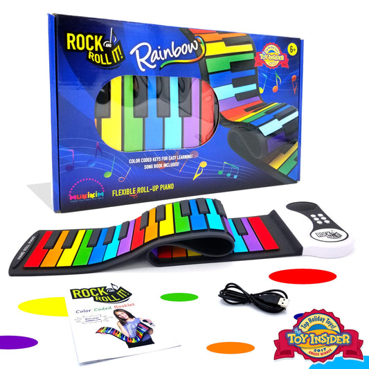 MUKIKIM Rock and Roll It - The Original Rainbow Piano. Roll Up Flexible Piano Keyboard for Kids / Beginners. Portable 49 Keys Silicone Pad. Play-by-Color Songbook Included!