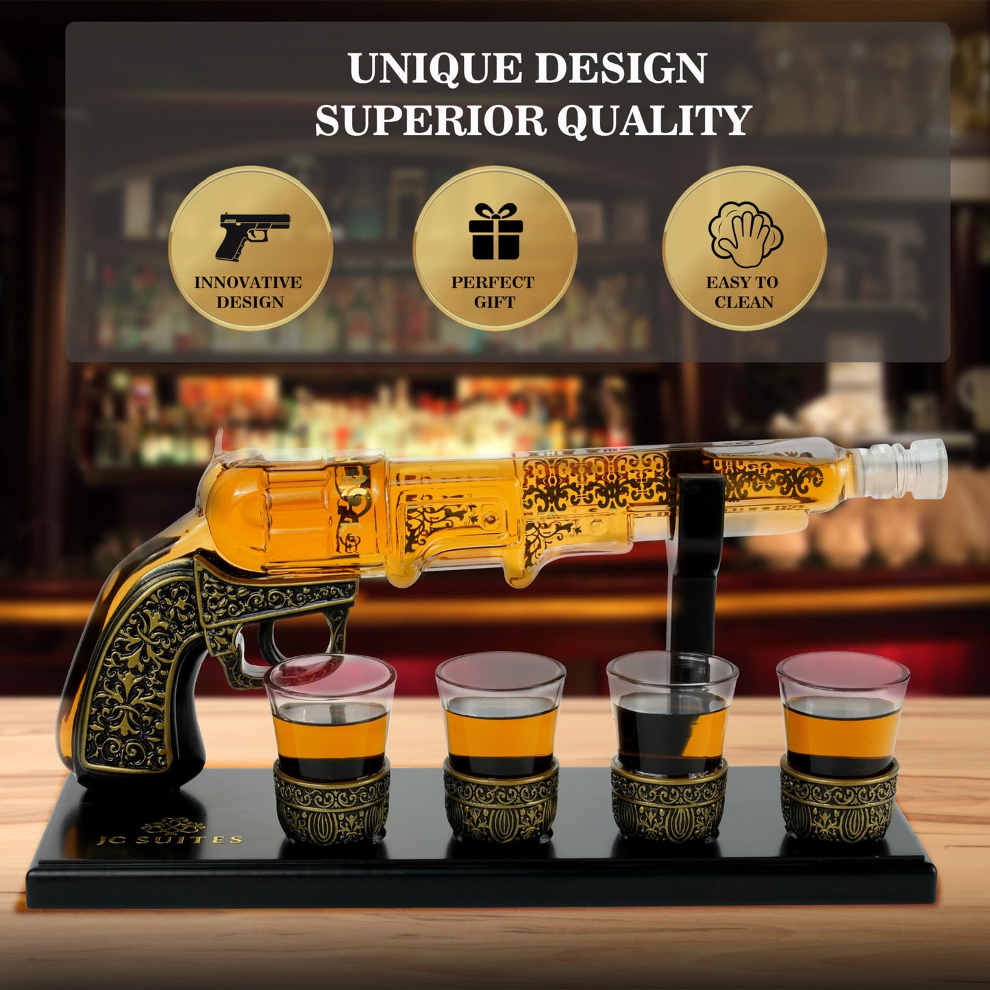 Luxury Gun Decanter with 4 Shot Glasses, Gift Box, & Funnel - Unique Whiskey Decanter Sets for Men & Women - Liquor Glass Gun Alcohol Bottle - Wine Tequila Decanter Set Gifts For Dad Gifts For Men
