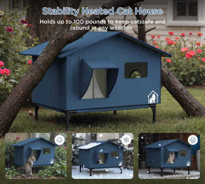 Extra-Wide Heated Cat House for Outdoor Use, Waterproof Insulated Shelter for Winter with Escape Exit, Spacious 23.5" × 21" × 16", Safe Heated Bed, Foldable, Connects to Feeding Station – Blue