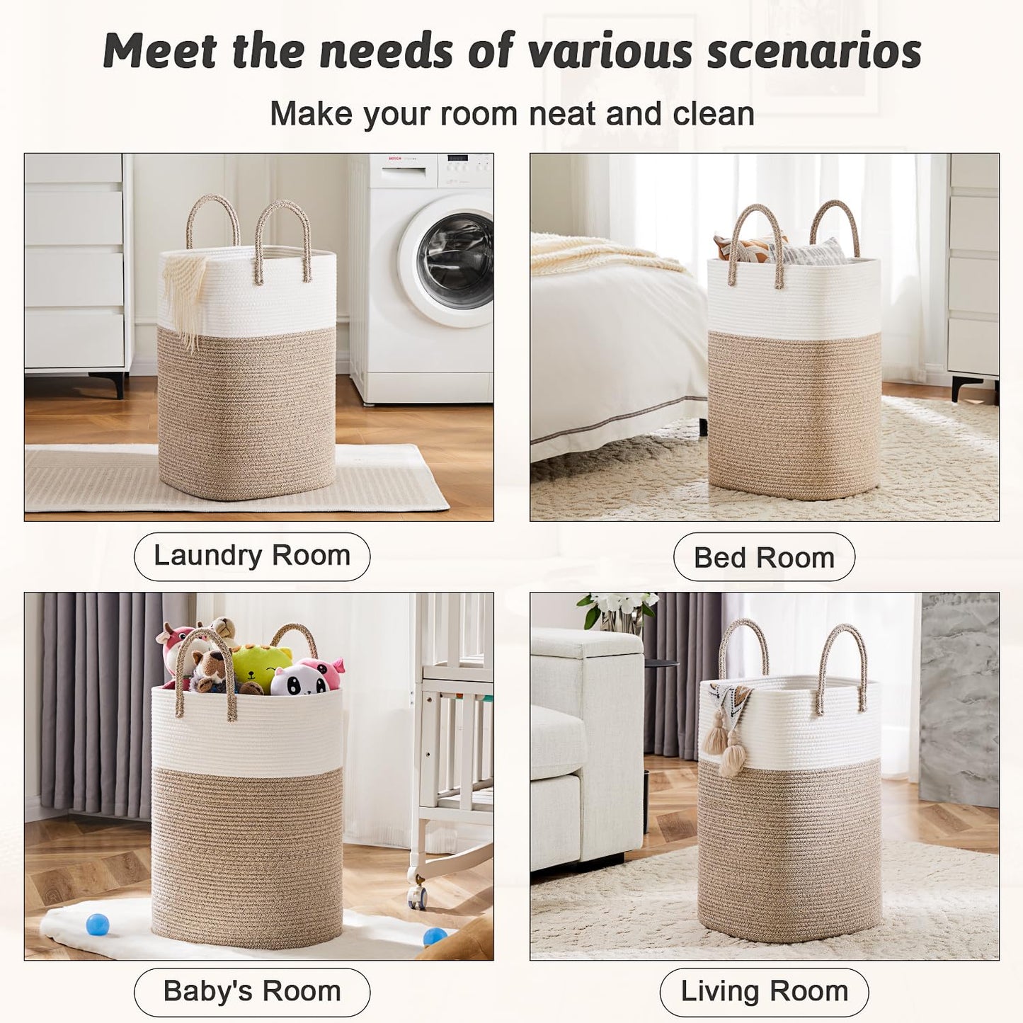 Laundry Basket,Woven Cotton Rope Laundry Hamper,Versatile Storage for Dirty Clothes,Baby Toys,and Blankets in Bathroom, Nursery,and Living Room (Brown, 60L)