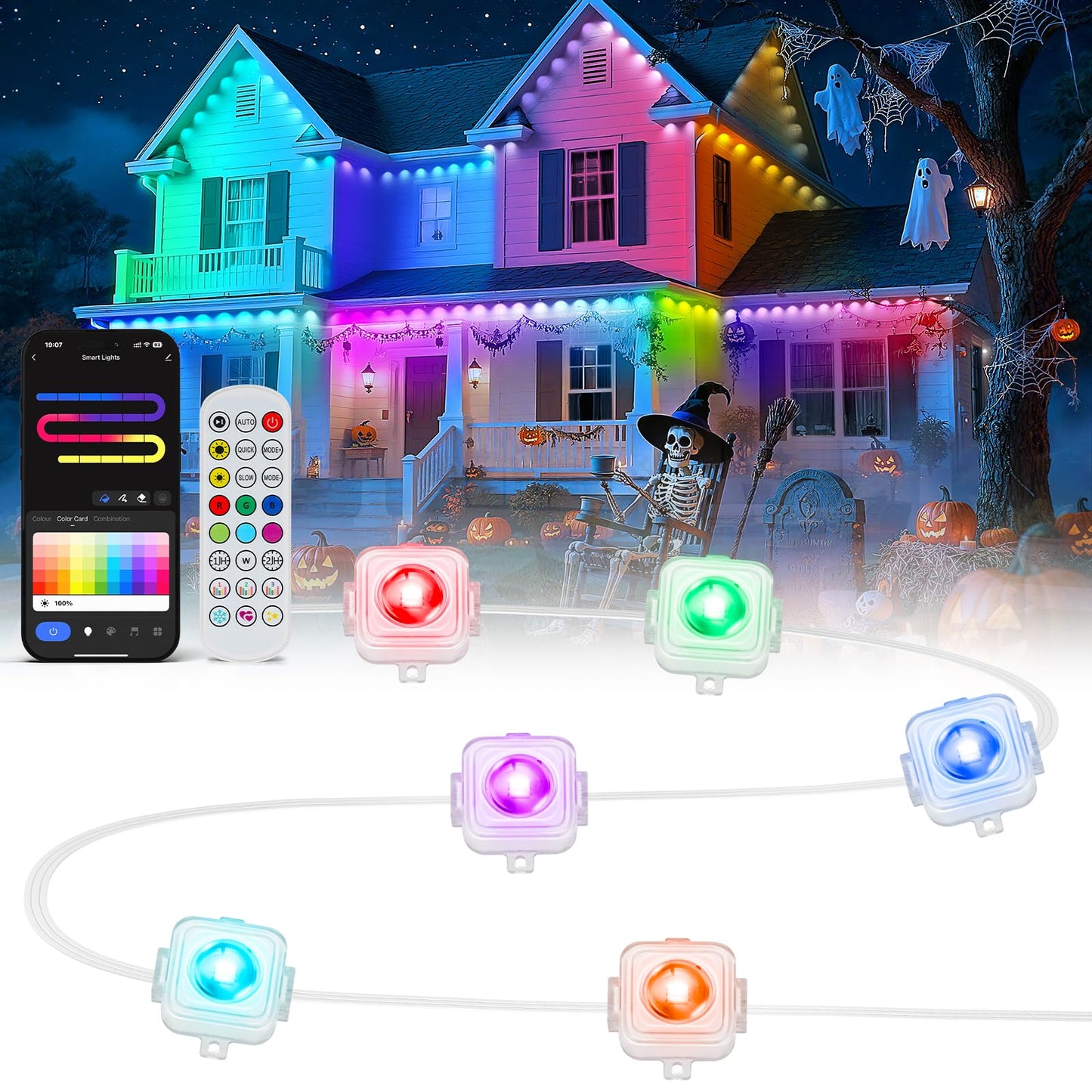 Permanent Outdoor Lights, 100ft Smart Eave Lights with 72 LED Lights, IP67 Waterproof, App Control, DIY RGBIC Light for House Halloween Decorations, Compatible with Alexa and Google Assistant, White