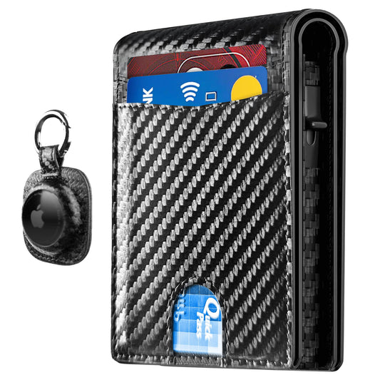 2025 Upgraded Minimalist Wallet for Men - RFID Blocking Credit Card Holder Case Leather Pop Up Aluminum Wallet with Cash Slot, Front Pocket ID Window Gift Boxed (Carbon Fiber - with Airtag Holder)