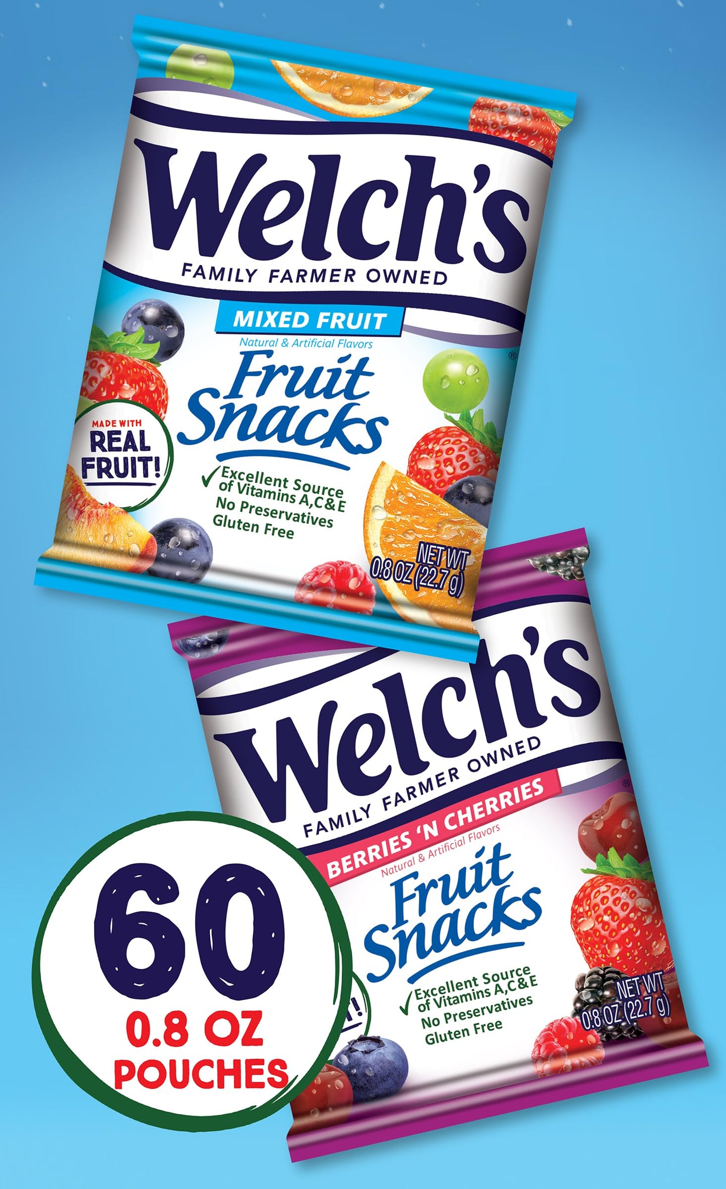 Welch's Fruit Snacks, Mixed Fruit & Berries 'N Cherries Variety Pack, Perfect Halloween Candy Bulk Pack, Gluten Free, 0.8 oz Individual Single Serve Bags (Pack of 60)