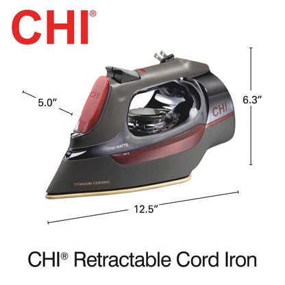 CHI Steam Iron for Clothes with 8’ Retractable Cord, 1700 Watts, 3-Way Auto Shutoff, 400+ Holes, Professional Grade, Temperature Control Dial, Titanium Infused Ceramic Soleplate, Black/Chrome (13109)