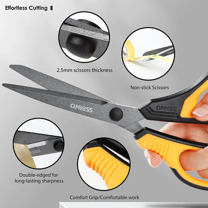 QMVESS 8.5" Scissors All Purpose 3 Pack, Titanium Non-Stick Multipurpose Shears, Professional Ergonomic Comfort Grip Scissors for Office School Home Sewing Fabric DIY Craft Cutting General Use
