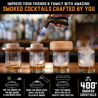 Whiskey Smoker Kit with Torch and Butane - 8 Flavors Wood Chips, 100% USA Oak Smoker, High-End Set - Cocktail Smoker Kit for Drinks - Old Fashioned Bourbon Smoker Gift Set for Men