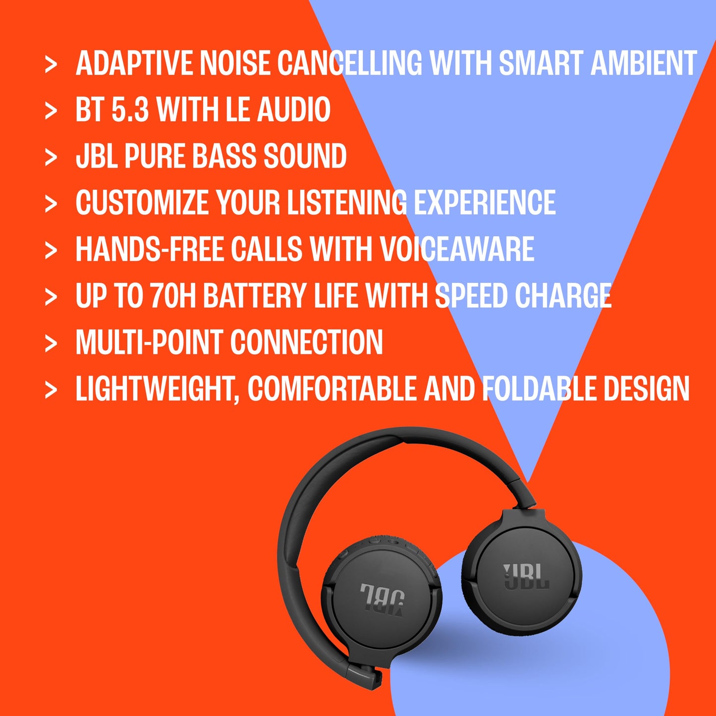 JBL Tune 670NC - Adaptive Noise Cancelling with Smart Ambient Wireless On-Ear Headphones, Up to 70H Battery Life with Speed Charge, Lightweight, Comfortable and Foldable Design (Black)