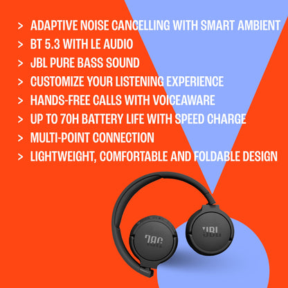 JBL Tune 670NC - Adaptive Noise Cancelling with Smart Ambient Wireless On-Ear Headphones, Up to 70H Battery Life with Speed Charge, Lightweight, Comfortable and Foldable Design (Black)