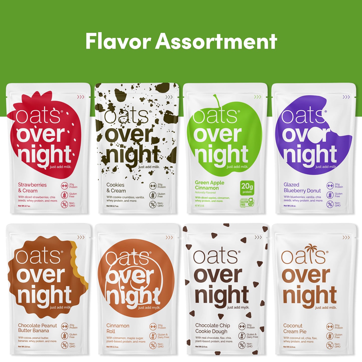 Oats Overnight Party Variety Pack - High Protein, High Fiber Breakfast Protein Shake - Gluten Free Oatmeal, Non GMO Oatmeal - Cookies & Cream, Coconut Cream Pie & More Flavors (8 Pack + Shaker Bottle)