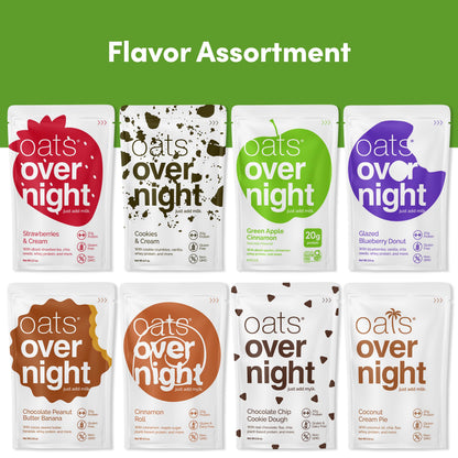 Oats Overnight Party Variety Pack - High Protein, High Fiber Breakfast Protein Shake - Gluten Free Oatmeal, Non GMO Oatmeal - Cookies & Cream, Coconut Cream Pie & More Flavors (8 Pack + Shaker Bottle)
