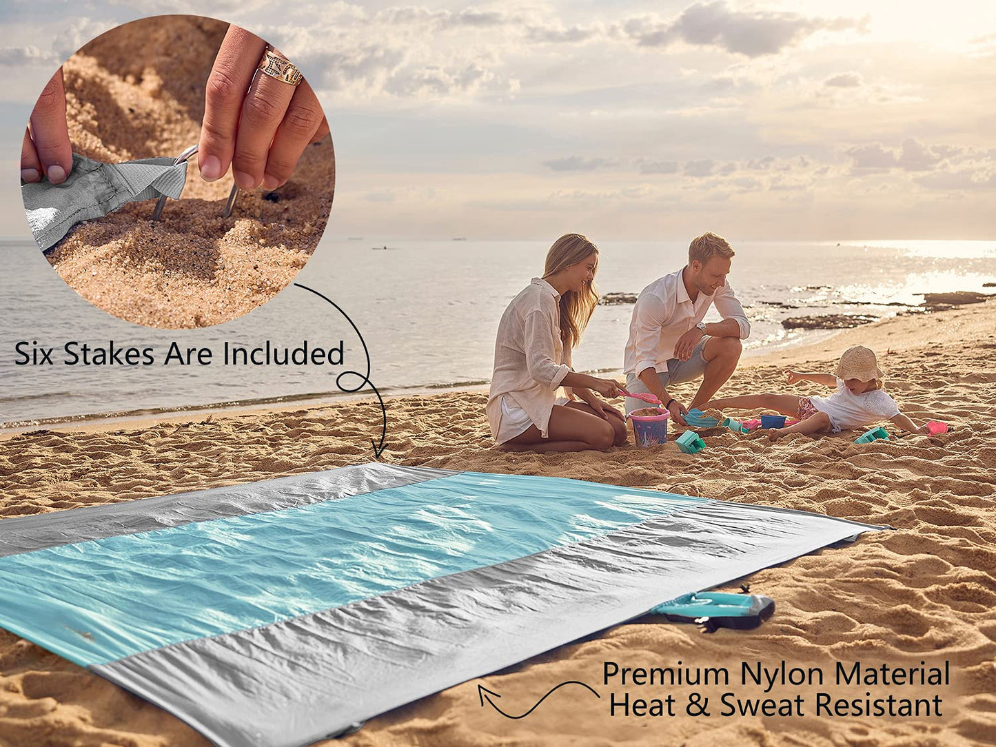 WEKAPO Beach Blanket - Sandproof Waterproof Extra Large Beach Mat | Oversized Sand-Free Lightweight Quick-Drying | Beach Vacation Essentials with Stakes & Corner Pockets (Grey, 9x10 FT)