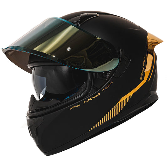 HAX Obsidian Full Face Dual Visor Adult Motorcycle Helmet for Motorbike Street Bike with Pinlock Ready DOT Approved Matte Black Gold M