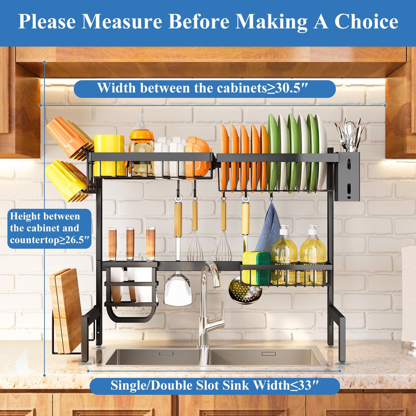 Over The Sink Dish Drainer Drying Rack - Expandable (26.8" to 34.6" W) Large Metal Dish Rack for Kitchen Counter, Kitchen Organizer with Adjustable Basket, Utensil Holder and Sponge Holder (Black)