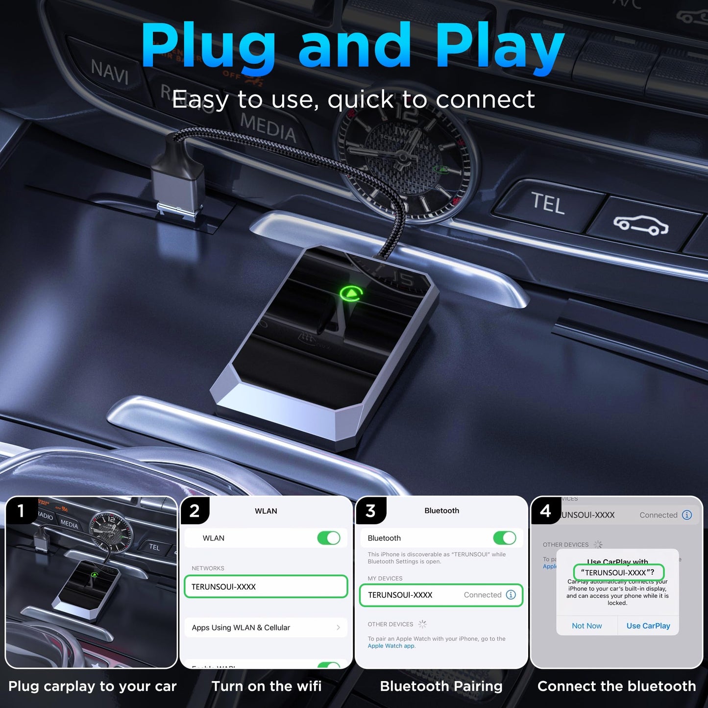 Wireless Carplay Adapter, Converts Wired to Wireless carplay Adapter for iPhone, Wireless Control Plug & Play Carplay for Cars from 2017 & for Apple iPhone iOS 10+