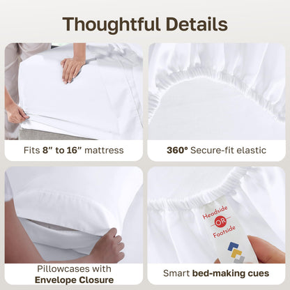 California Design Den 6 Pc King Size Sheet Set with 4 Pillowcases - Soft 400 Thread Count 100% Cotton Sheets, Sateen, Deep Pockets with All Around Elastic, Durable Bedding Set - White