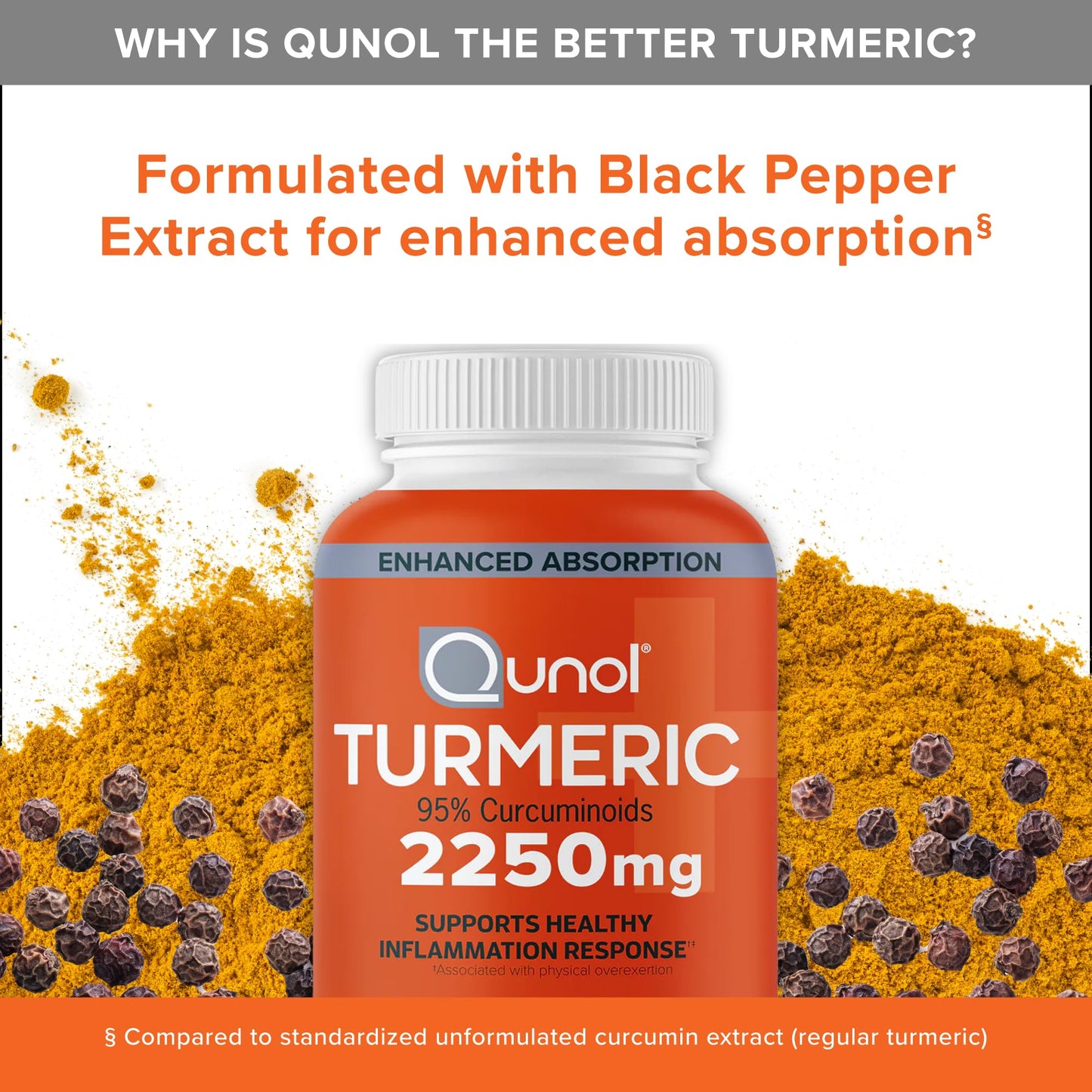 Qunol Turmeric Curcumin with Black Pepper, 2250mg Turmeric Extract with 95% Curcuminoids, Extra Strength Turmeric Supplement, Enhanced Absorption, Joint Support Supplement, 90 Vegetarian Capsules