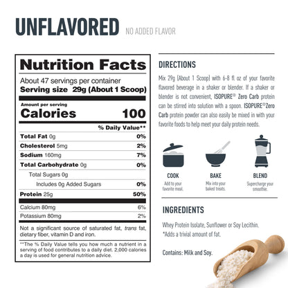 Isopure Zero Carb 100% Pure Whey Isolate Protein Powder, Lactose Free, Gluten Free, with Vitamins, Unflavored, 25g Protein Per Serving, 3 Lbs, 47 Servings (Packaging May Vary)
