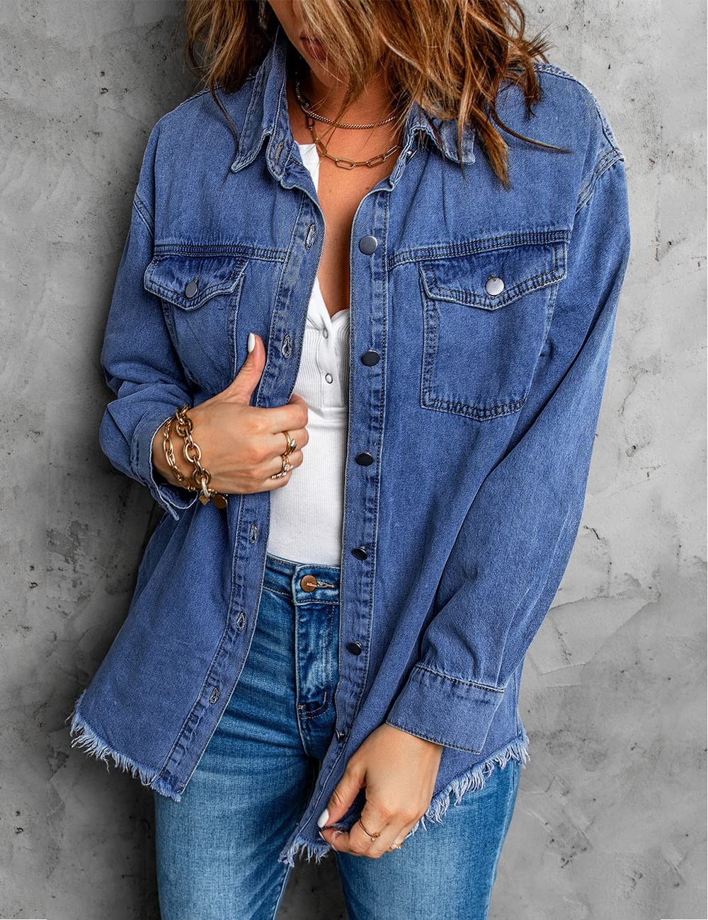 Vetinee Women's Womens Clothes Oversized Boyfriend Nightfall Blue Front Button Up Frayed Raw Hem Long Sleeve Pockets Denim Jean Jacket Shacket X-Large Size 16 Size 18