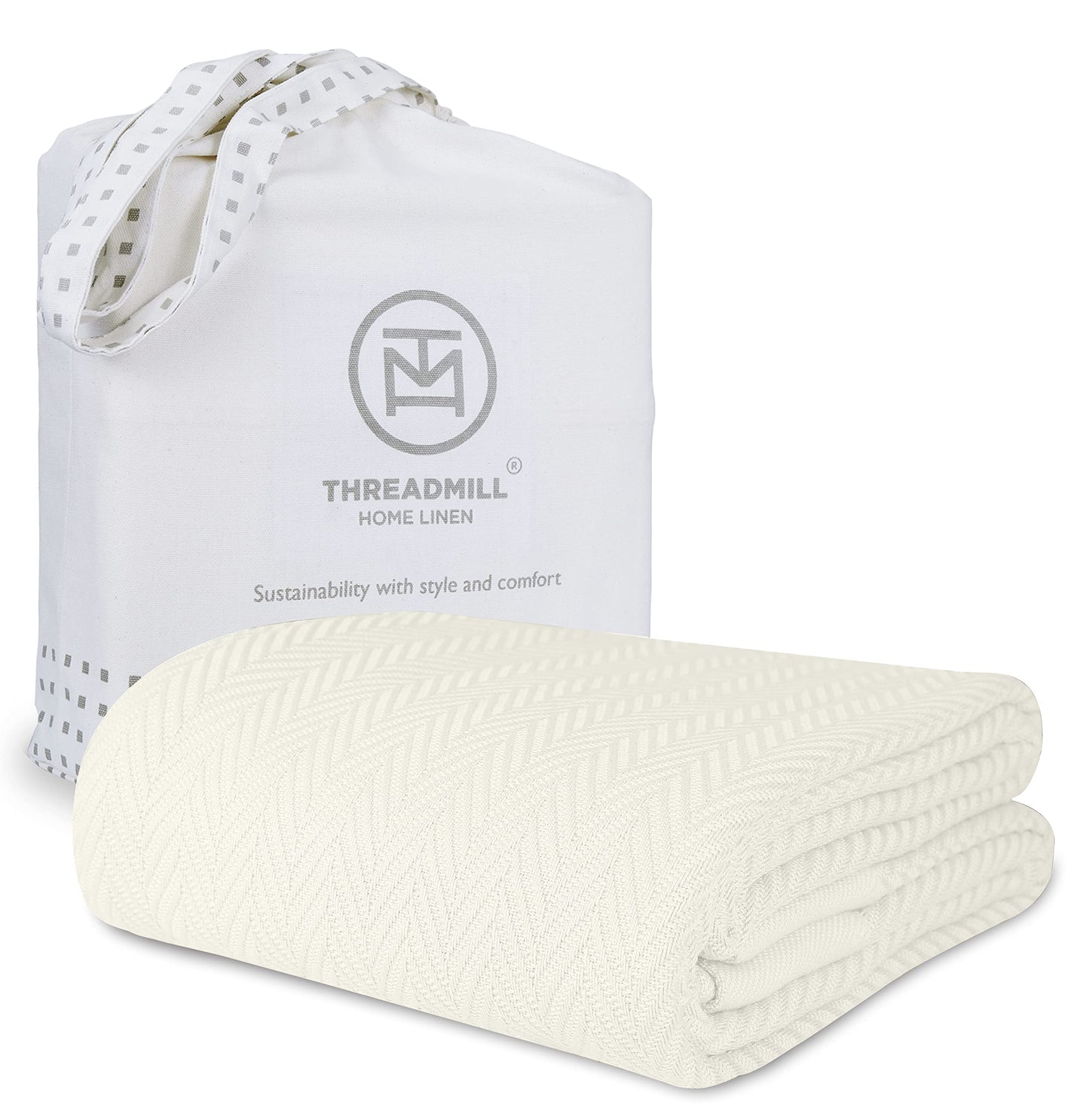 Threadmill Luxury Cotton Blankets for King Size Bed | All-Season Cozy 100% Cotton King Size Blanket | Herringbone Soft Fall Thermal Blanket fits Cal King Size Bed | Tusk White