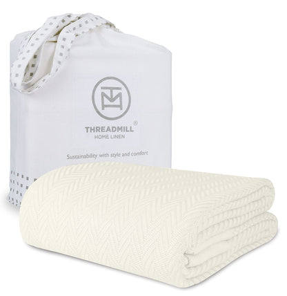 Threadmill Luxury Cotton Blankets for King Size Bed | All-Season Cozy 100% Cotton King Size Blanket | Herringbone Soft Fall Thermal Blanket fits Cal King Size Bed | Tusk White