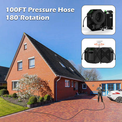 DECOKTOOL Wall Mounted Pressure Washer - 3500 PSI, 2.5 GPM Electric Power Washer with 100FT Retractable Hose, 5-Stage Adjustable Pressure, Foam Cannon and 5 Nozzles for Car, Driveway, Patio Cleaning