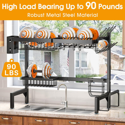 Over The Sink Dish Drainer Drying Rack - Expandable (26.8" to 34.6" W) Large Metal Dish Rack for Kitchen Counter, Kitchen Organizer with Adjustable Basket, Utensil Holder and Sponge Holder (Black)