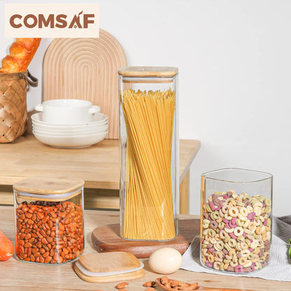 ComSaf Glass Food Storage Containers Set, 3 Pcs Airtight Clear Food Jars with Lids, Square Stackable Kitchen Canisters, Glass Jars for Spaghetti Pasta, Spice, Sugar, Candy, Tea, and Coffee Beans