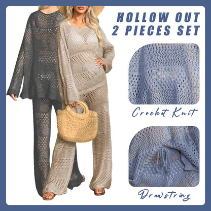 Famulily Women Bathing Suit Cover Up Solid Color Crochet Sets Crochet Long Sleeve Top Hollow Out Beach Cover Up Loungewear Set Khaki S
