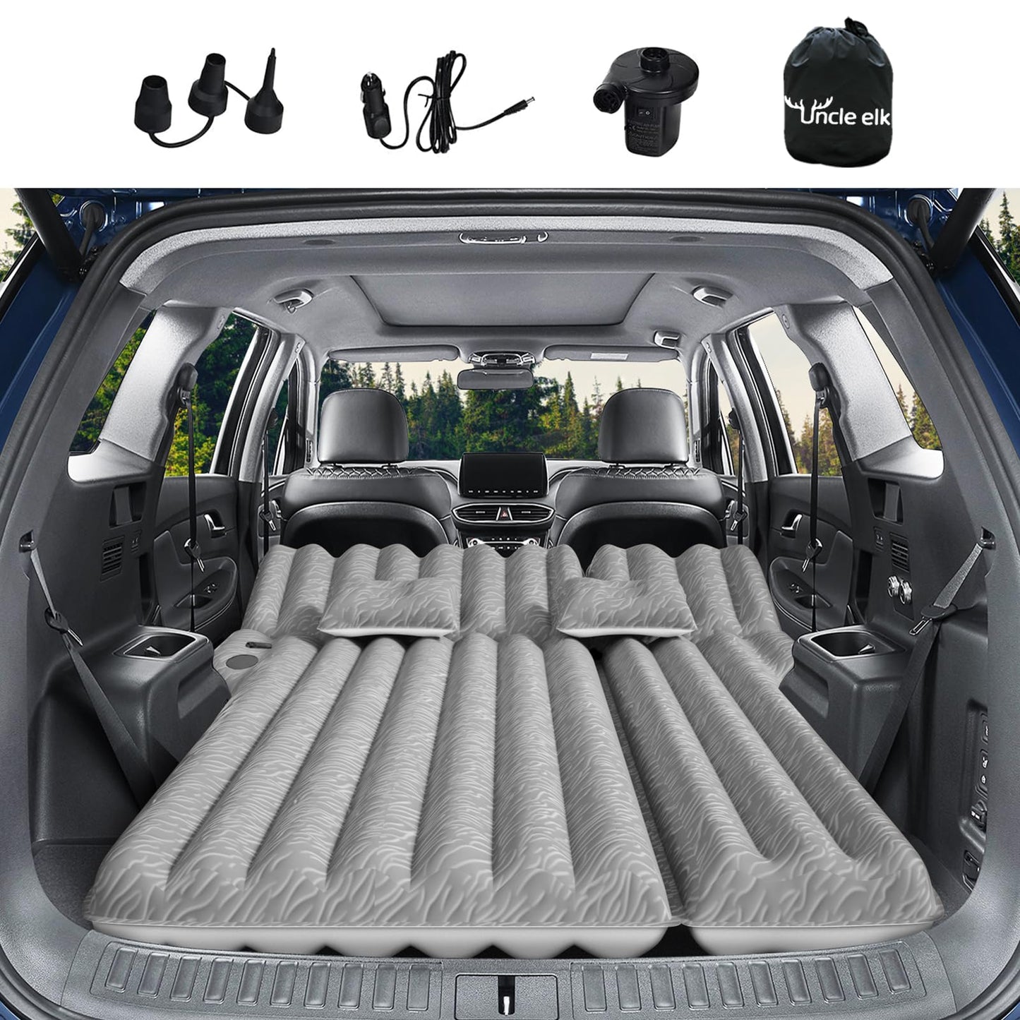 Uncle elk SUV Air Mattress: Inflatable Car Air Mattress for Camping, Flocking Car Bed with Air Pump & 2 Pillows, Portable Sleeping Pad Mattress for Home Car Travel Camping Grey