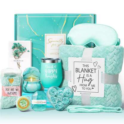Birthday Gifts for Women Self Care Gifts Get Well Soon Gifts, Ocean Relaxing Spa Gifts Basket Care Package w/ Luxury Flannel Blanket, Unique Mothers Day Gifts Idea for Mom Her Friends Sister Wife